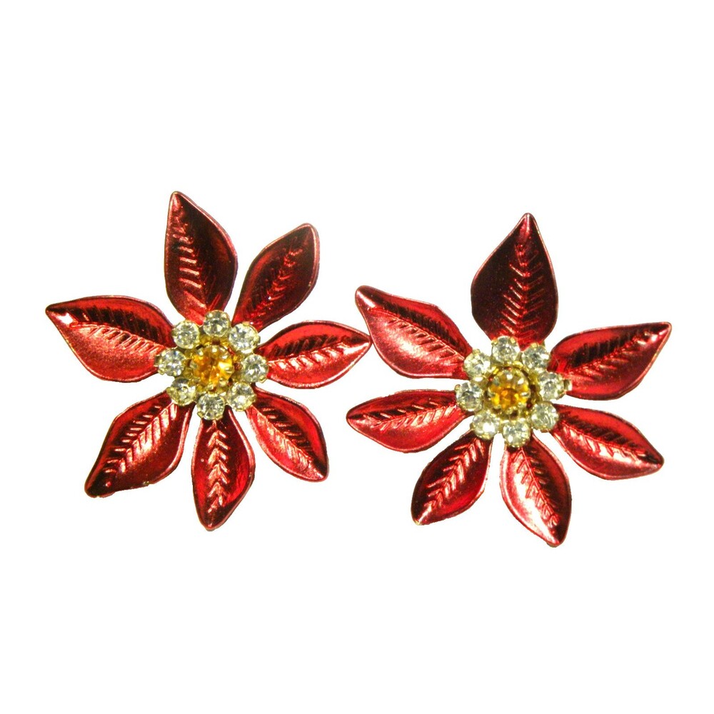 Christmas Rhinestone Earrings Pierced Poinsettia Flower Red White Holiday Stud